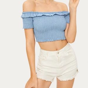 Off The Shoulders Ruffle Trim Crop Top
